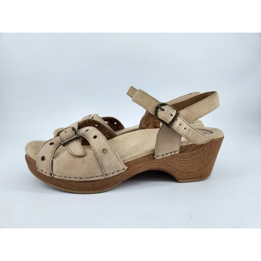 Dansko‎ Sissy Wedge Heel Sandals Womens 38 Tan Leather Perforated Buckle